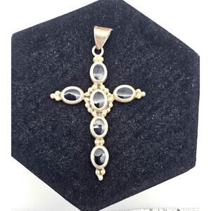 Vintage Mexico Sterling Silver Black Onyx Cross ATI Pendant 2.5 Inches